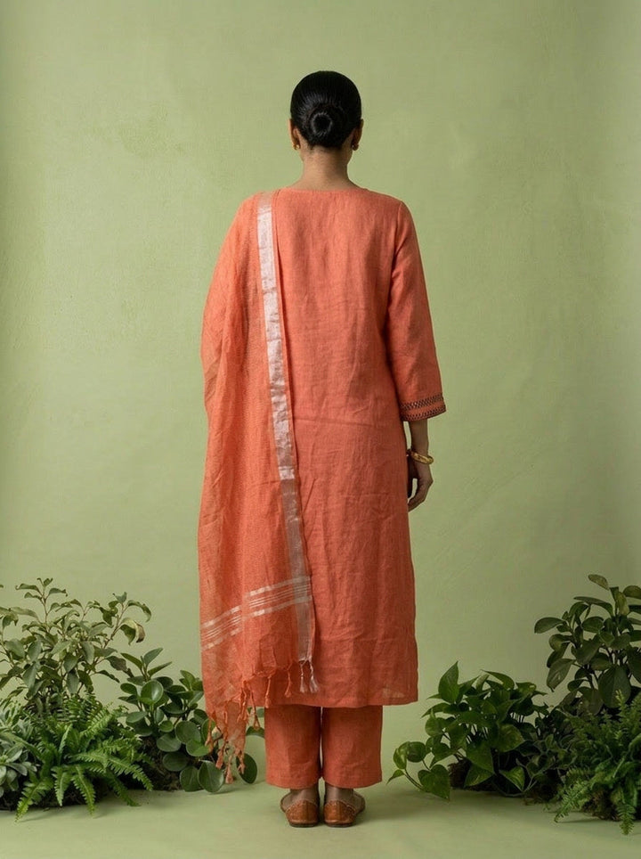 Coral Linen Thread Embroidery Three Piece Set