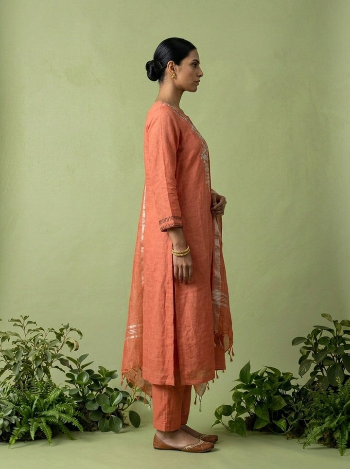 Coral Linen Thread Embroidery Three Piece Set