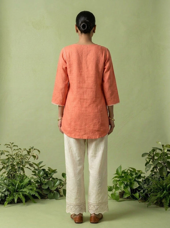 Orange Linen Floral Sequins Embroidery Kurti