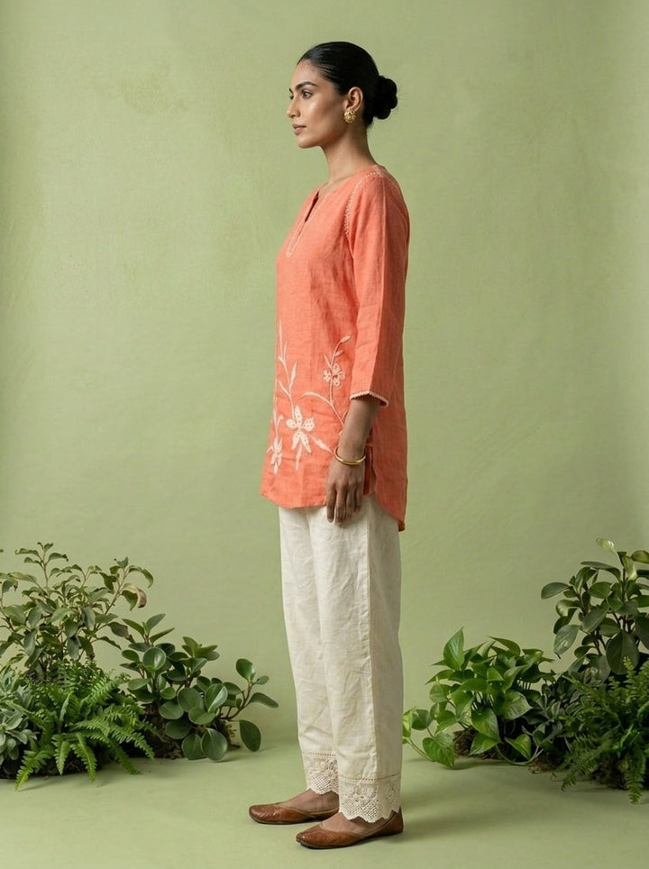 Orange Linen Floral Sequins Embroidery Kurti