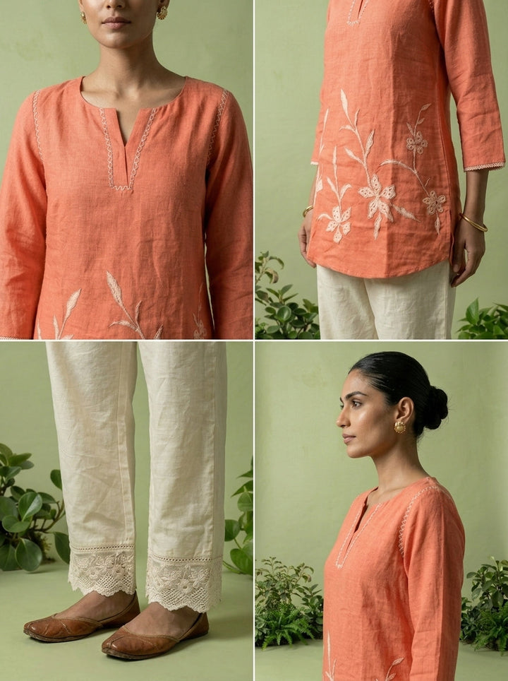 Orange Linen Floral Sequins Embroidery Kurti