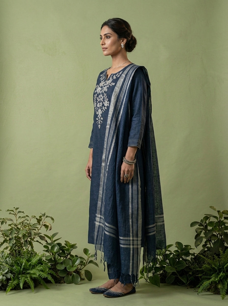 Navy Blue Linen Floral Thread Embroidery Three Piece Set