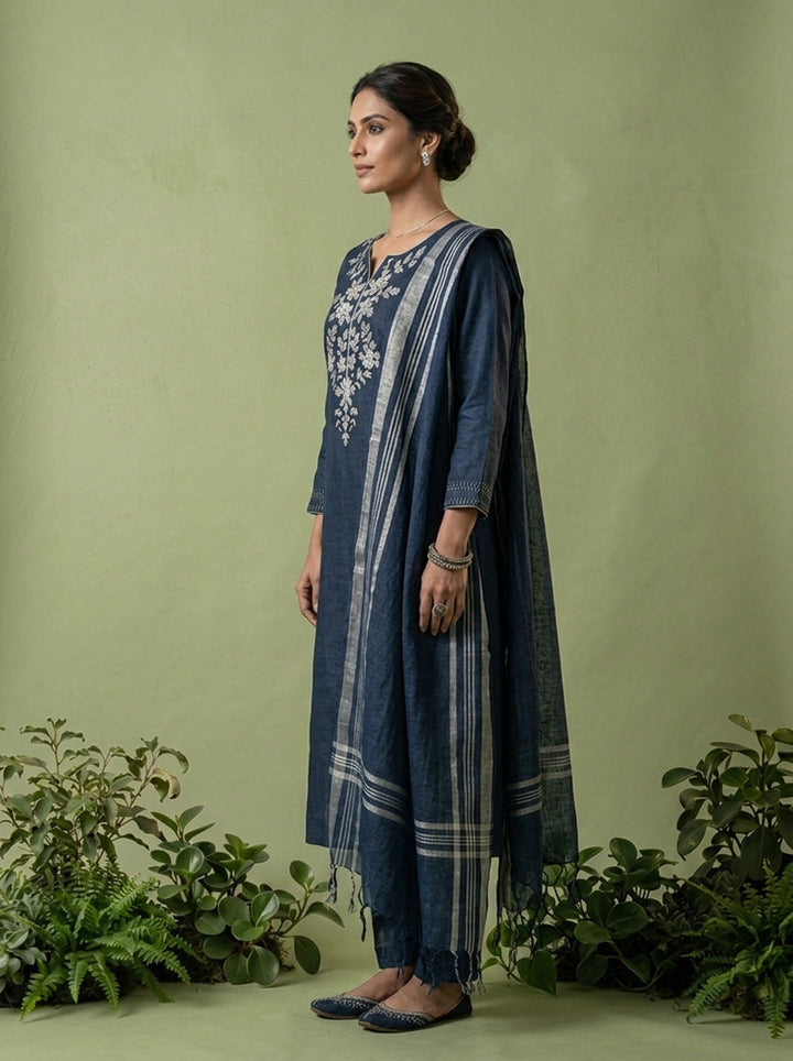 Navy Blue Linen Floral Thread Embroidery Three Piece Set