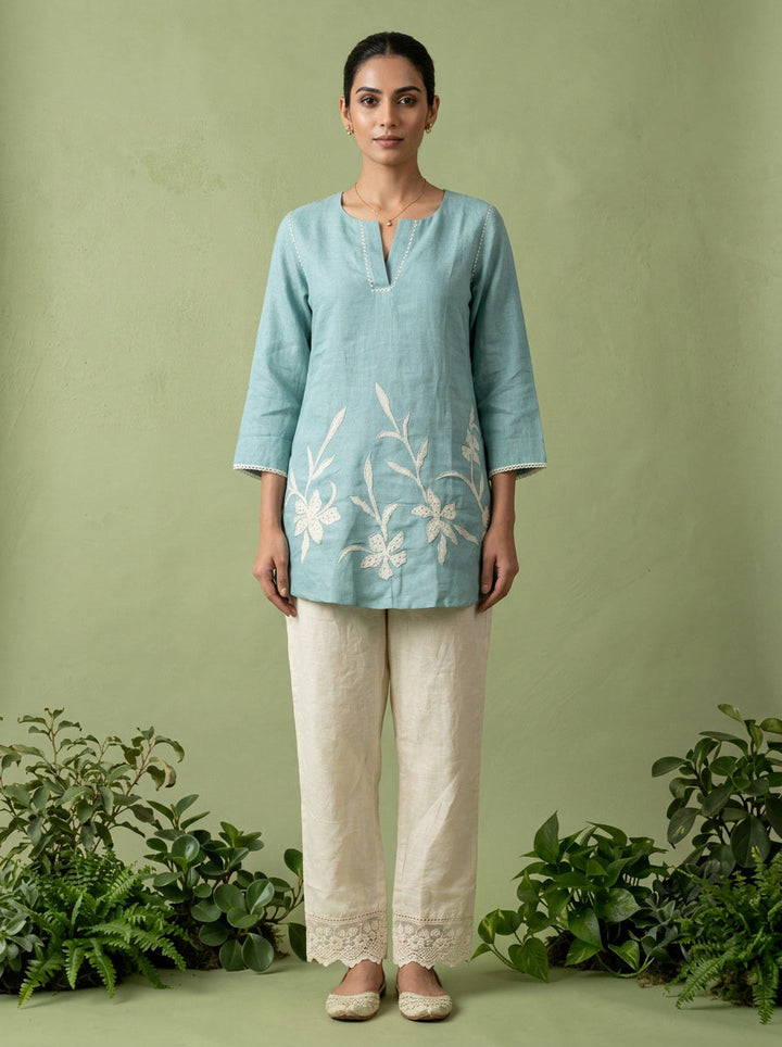 Aqua Linen Floral Sequins Embroidery Kurti