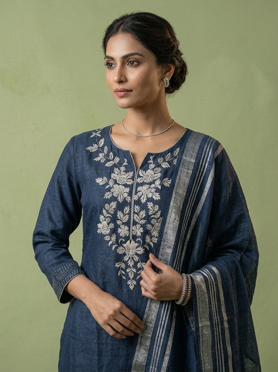 Navy Blue Linen Floral Thread Embroidery Three Piece Set