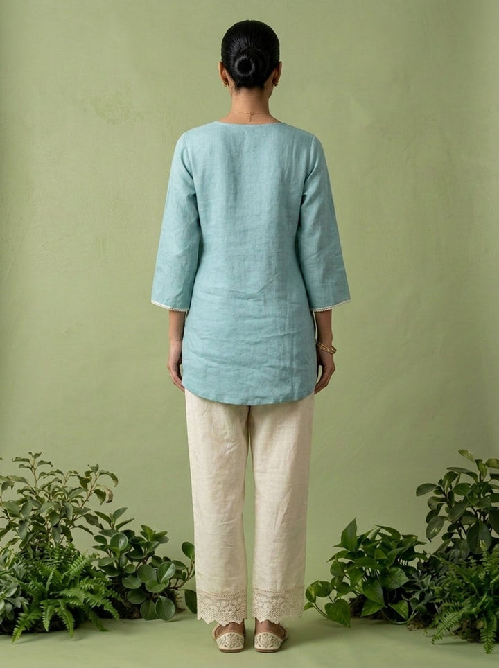 Aqua Linen Floral Sequins Embroidery Kurti