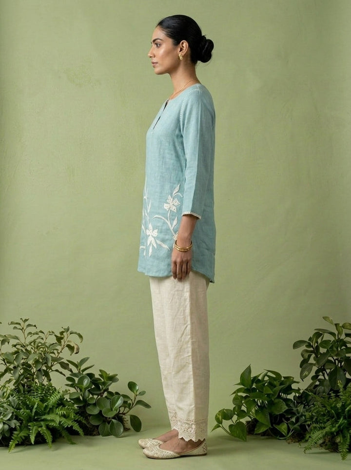 Aqua Linen Floral Sequins Embroidery Kurti