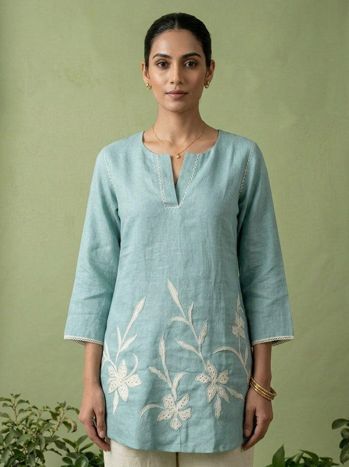Aqua Linen Floral Sequins Embroidery Kurti