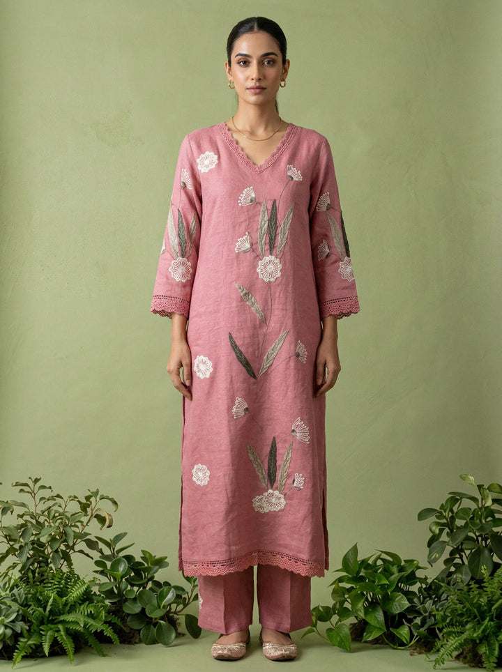 Onion Pink Linen Floral Thread Embroidered Two Piece Set