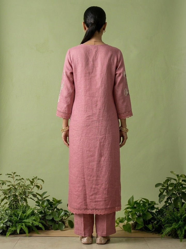 Onion Pink Linen Floral Thread Embroidered Two Piece Set
