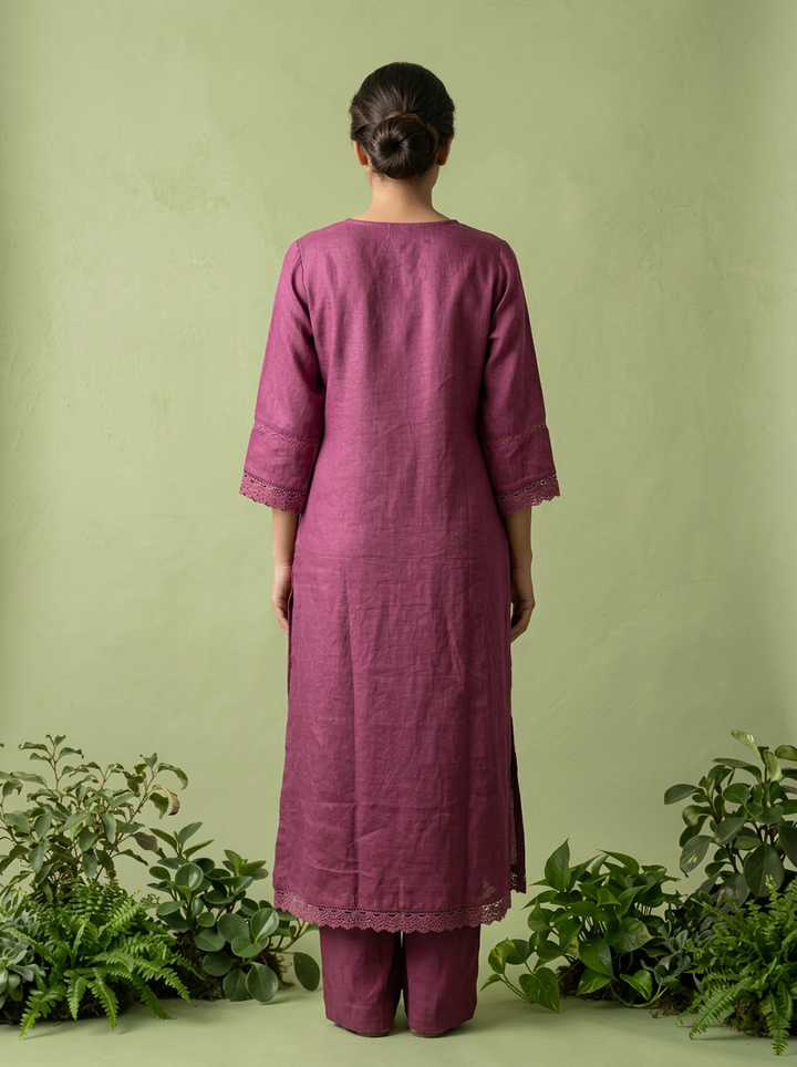 Purple Linen Thread Embroidered Two Piece Set
