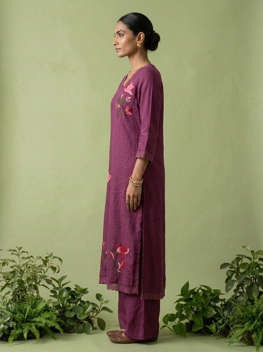 Purple Linen Thread Embroidered Two Piece Set