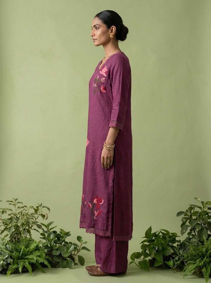 Purple Linen Thread Embroidered Two Piece Set