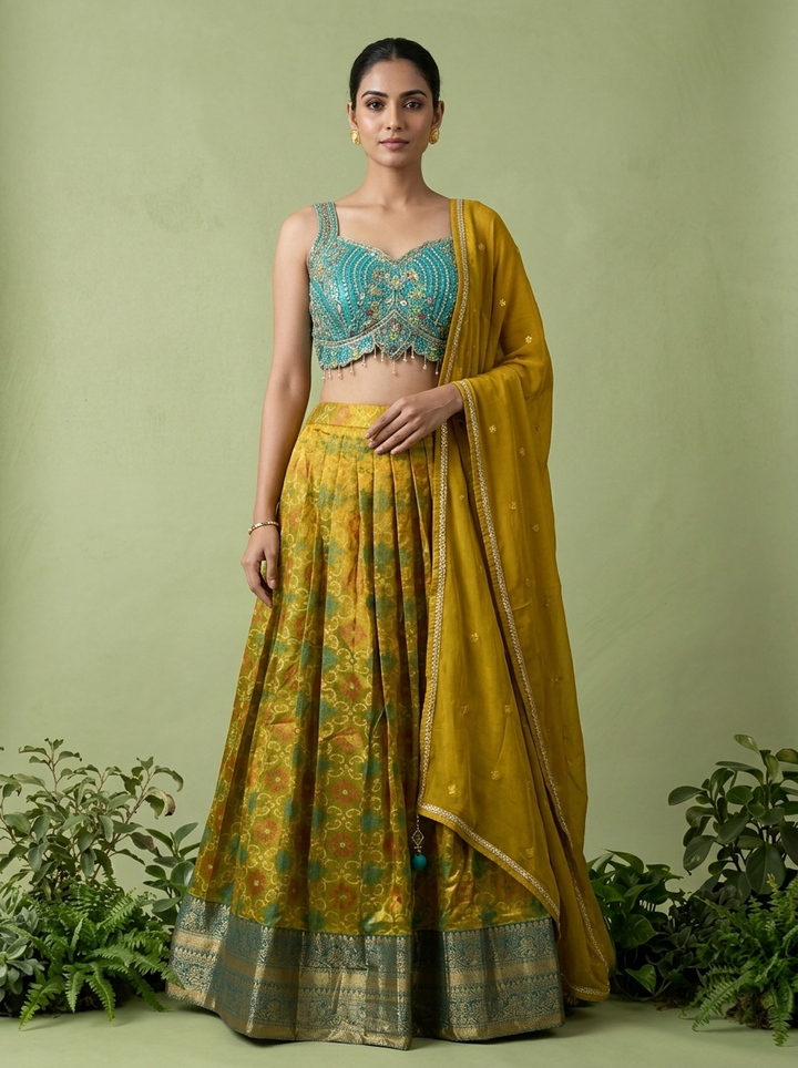 Rama Silk Floral Thread Embroidery And Mirror Embroidery Ghagra Set