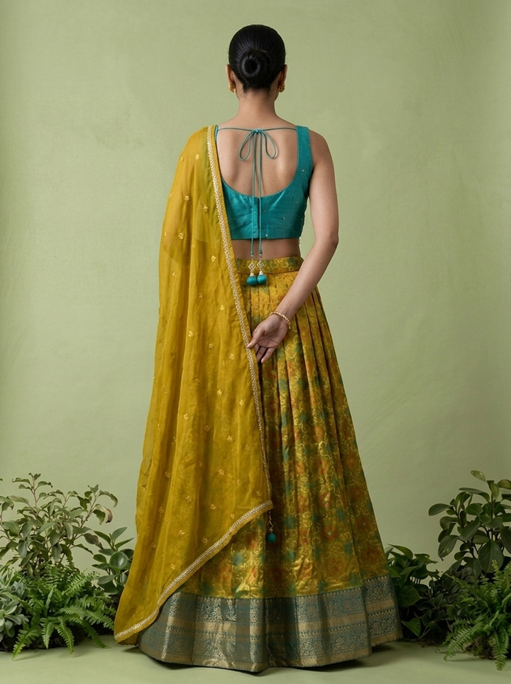 Rama Silk Floral Thread Embroidery And Mirror Embroidery Ghagra Set