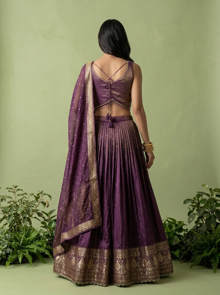 Wine Tissue Sequins And Beads Embroidery Ghagra Set