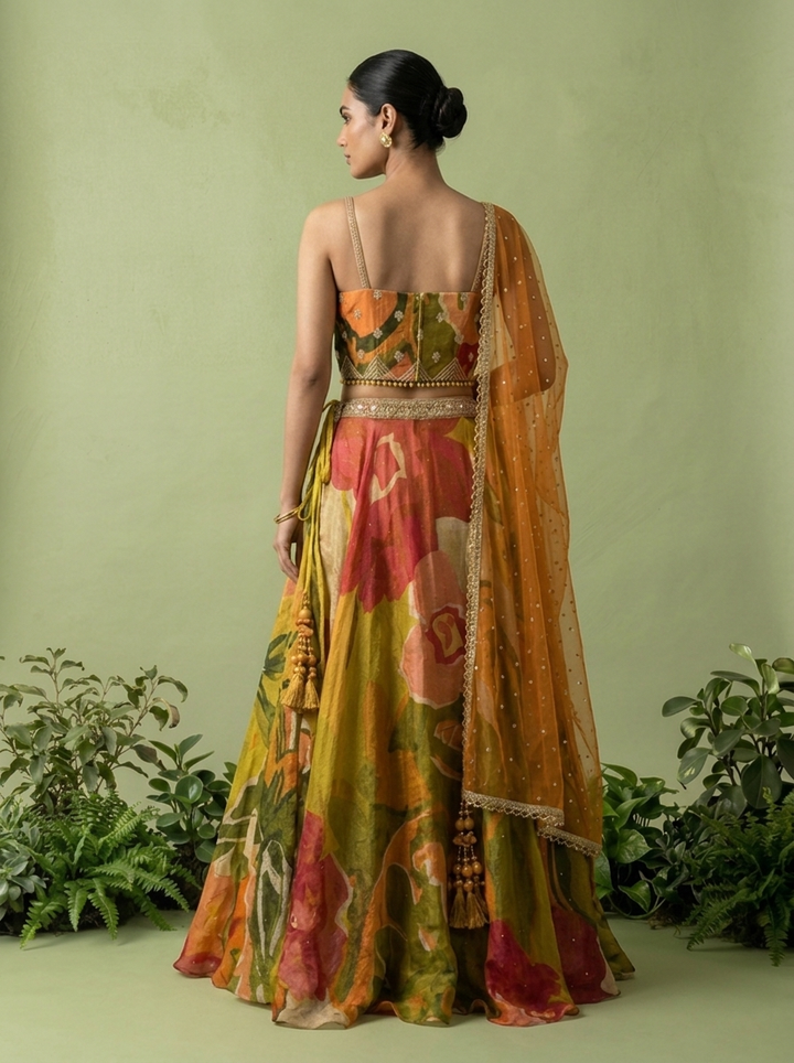 Mehadi Green Tissue Heavy Aari Embroidery And Printed Ghagra Set