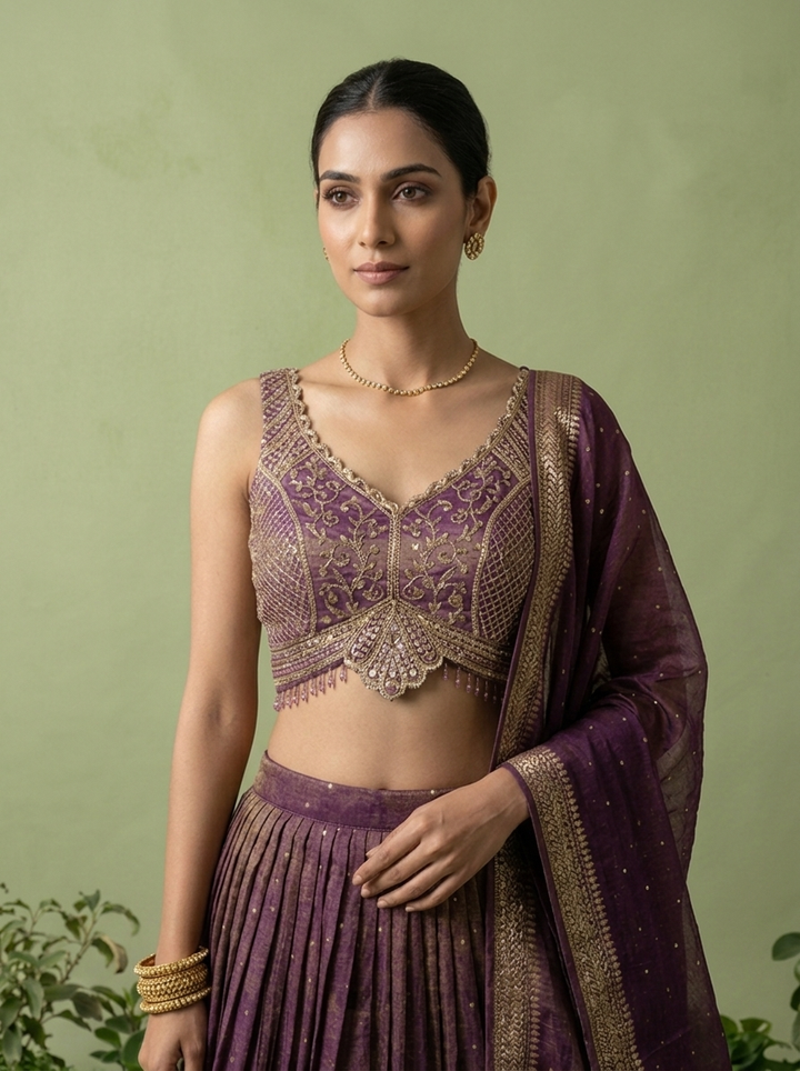 Wine Tissue Sequins And Beads Embroidery Ghagra Set