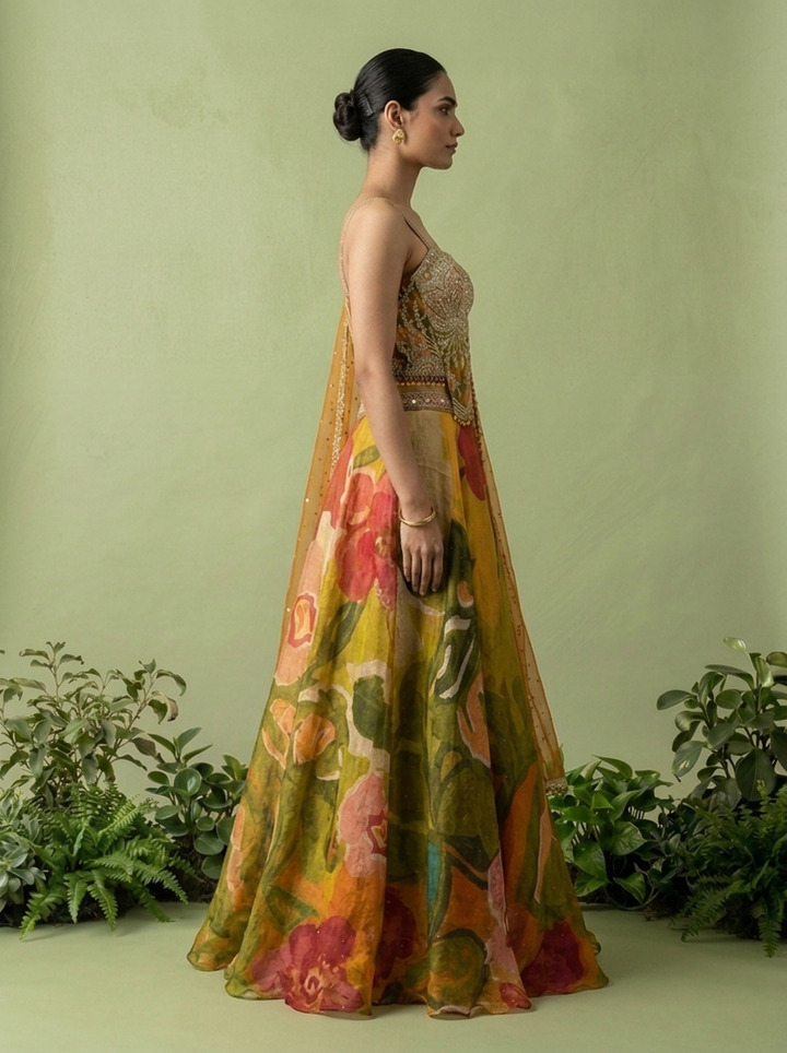 Mehadi Green Tissue Heavy Aari Embroidery And Printed Ghagra Set