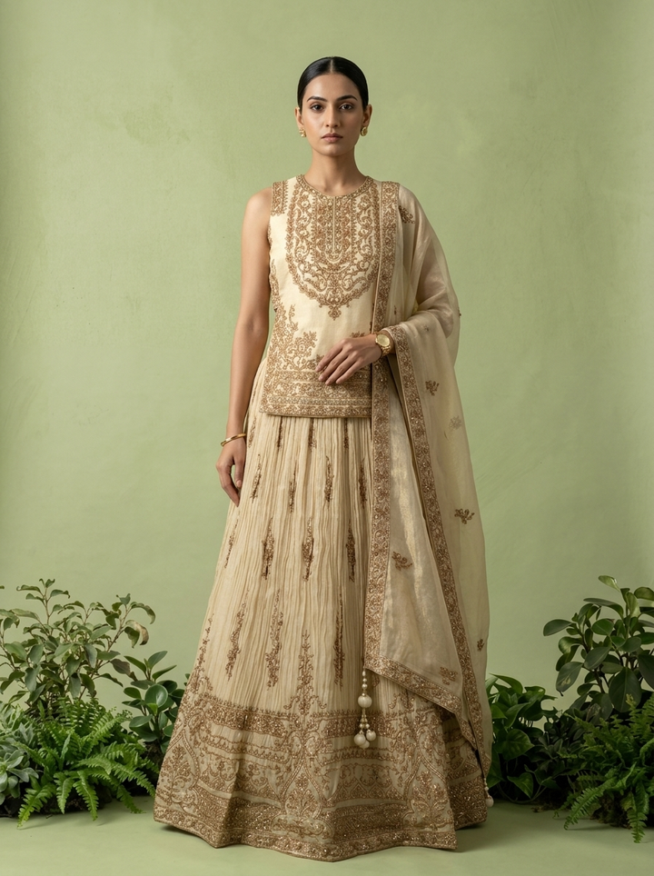 Gold Tissue Heavy Floral Zari Embroidered Ghagra Set
