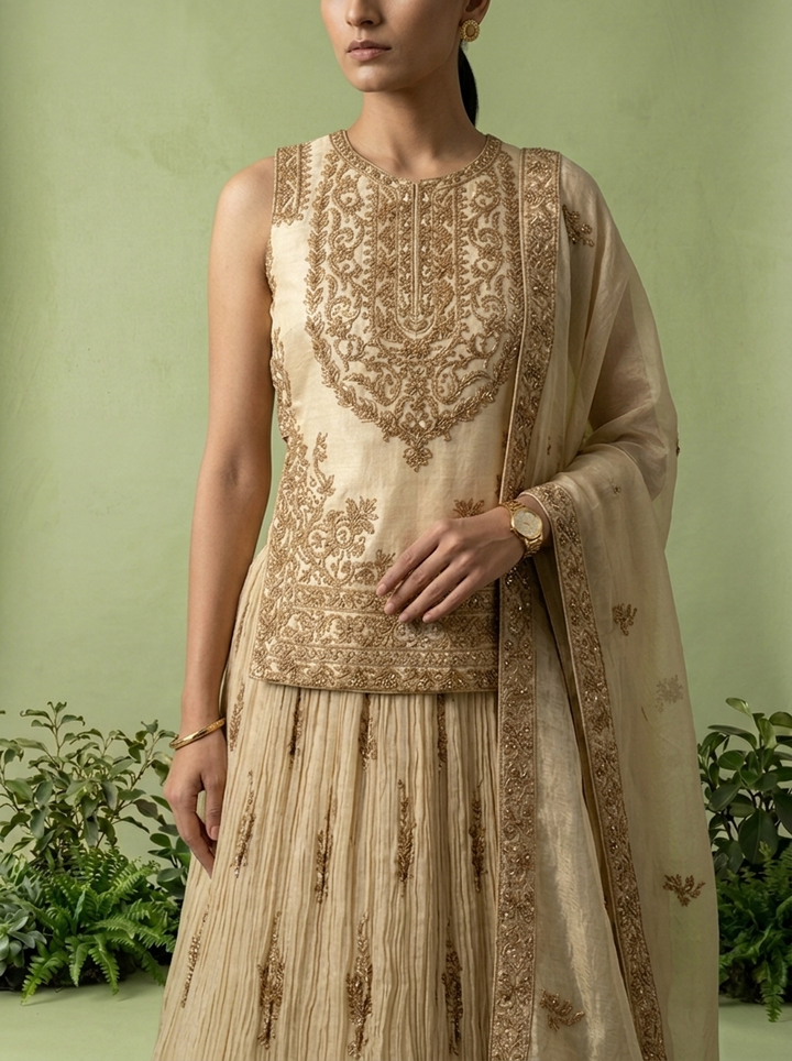 Gold Tissue Heavy Floral Zari Embroidered Ghagra Set