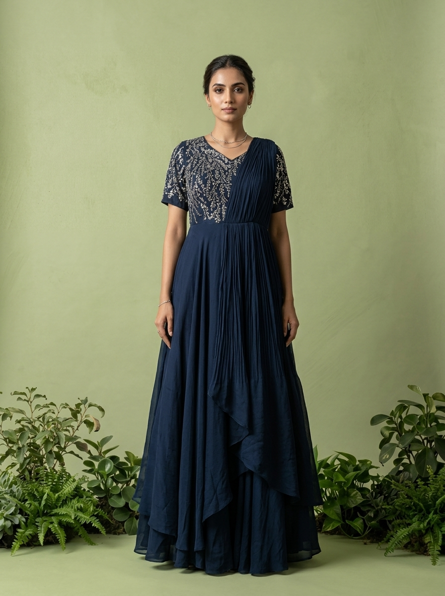 Navy Blue Chinon Beads Embroidery Anarkali