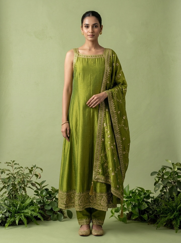 Variyali Green Silk Three Piece Set