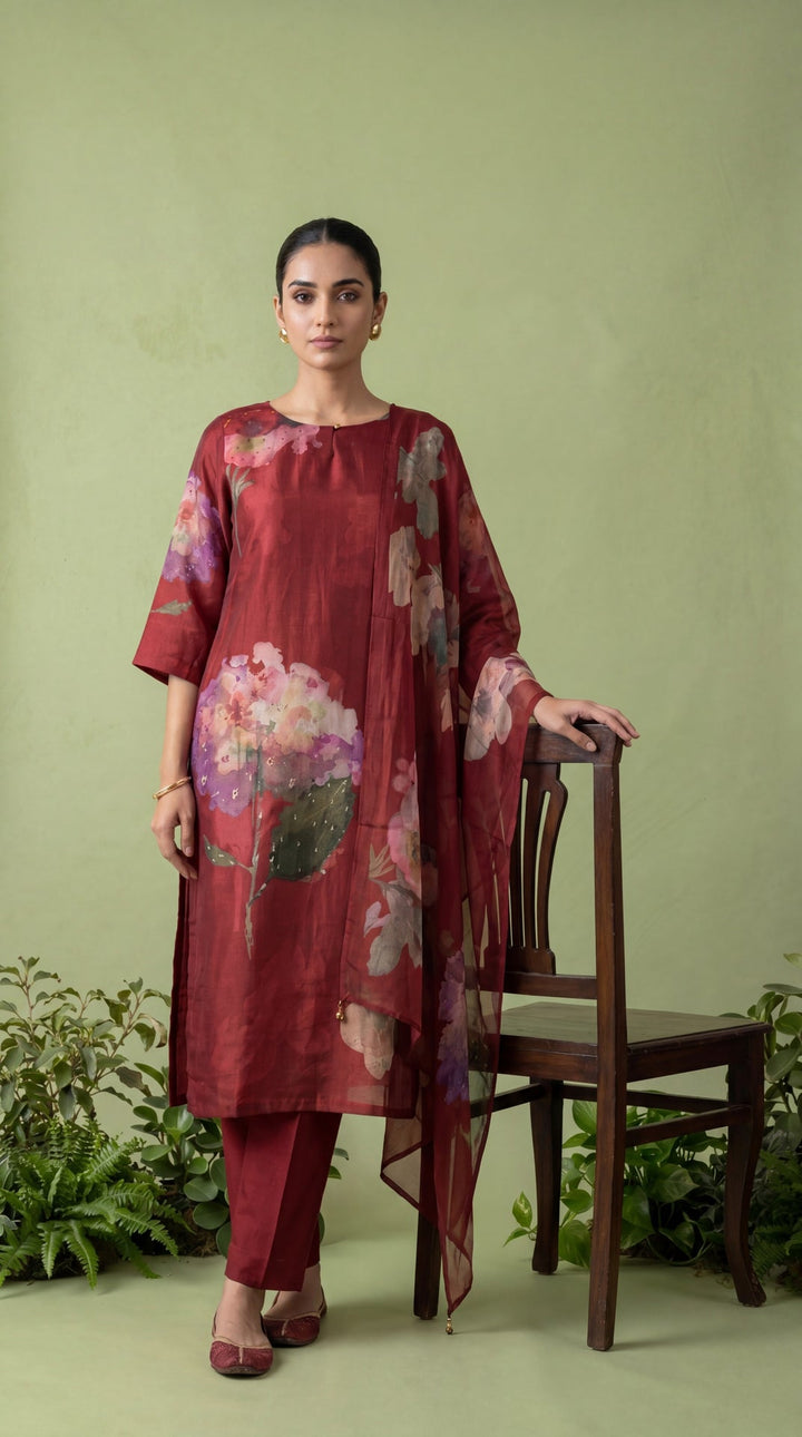 Maroon Muslin Floral Digital Printed Three Piece Set