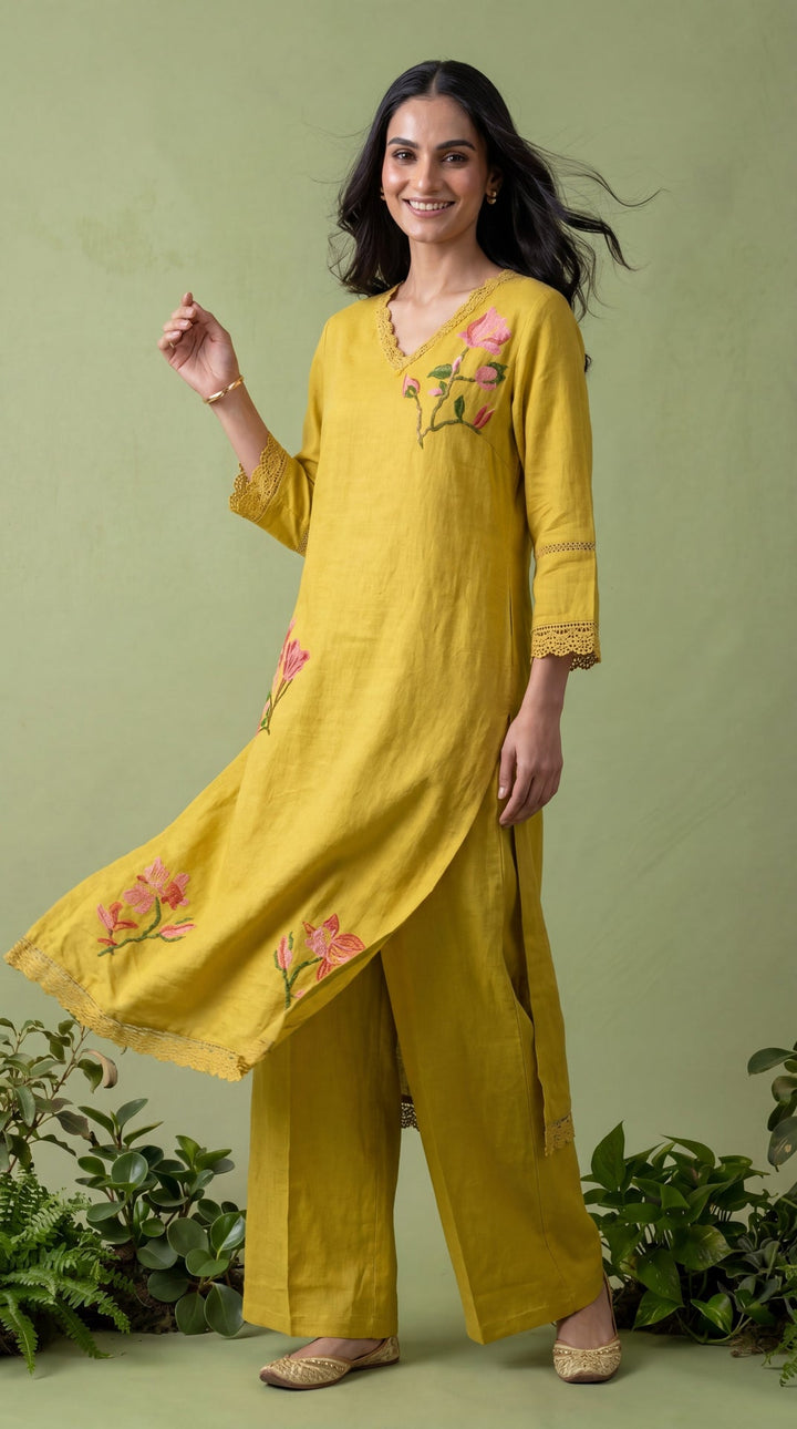Green Linen Floral Thread Embroidered Two Piece Set