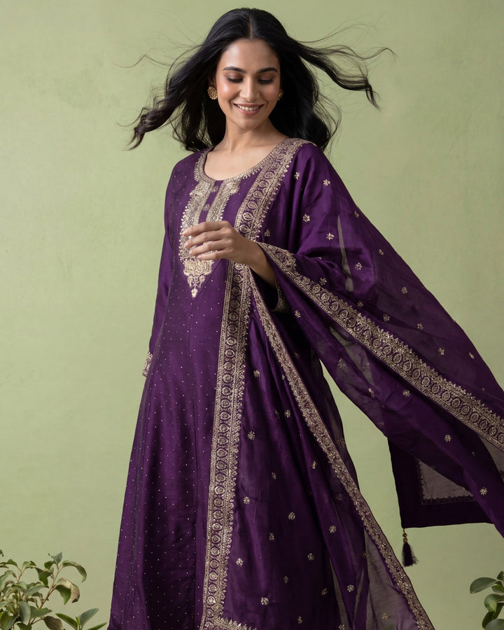 Purple Silk Zari Embroidery Three Piece Set