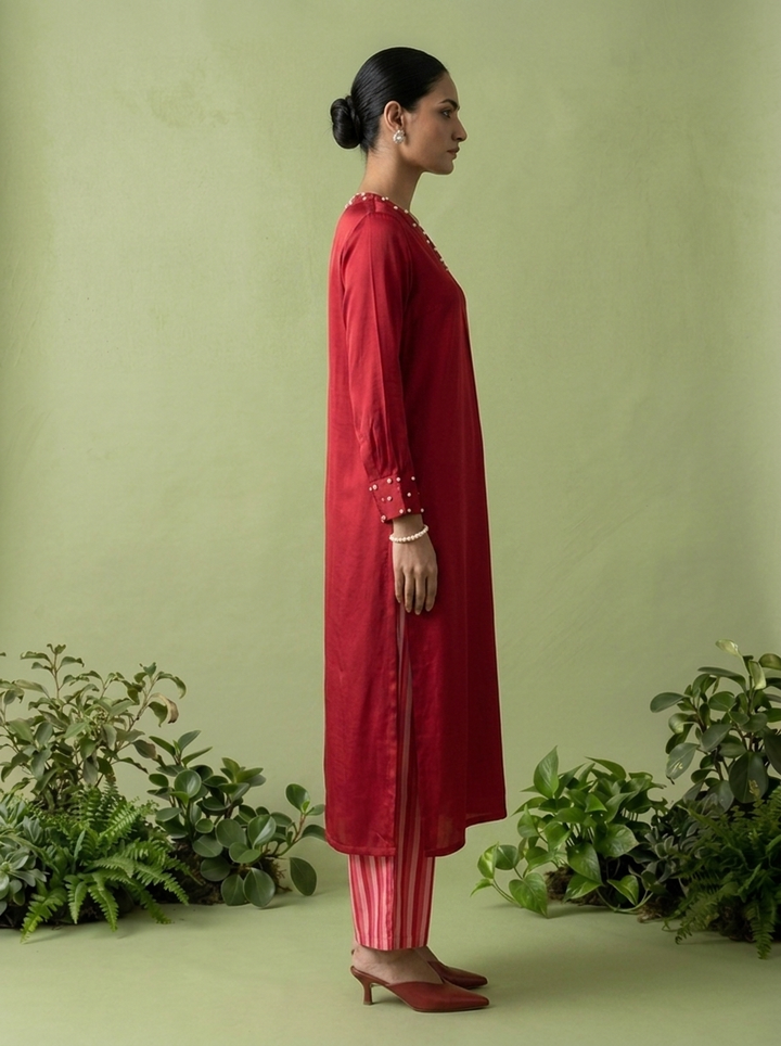 Magenta Linen And Satin Two Piece Set