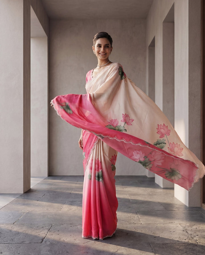 Pink And White Satin Printed Saree