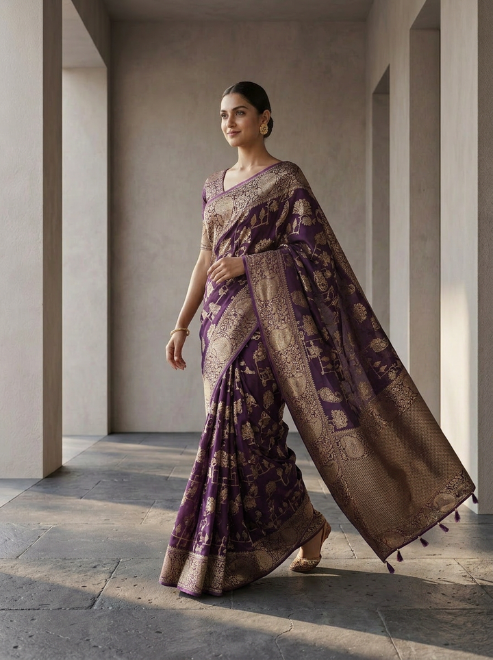 Purple Banaras Paisley Design Weaved Saree