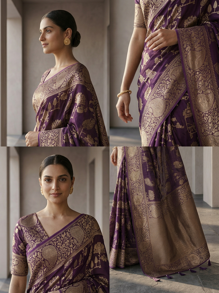 Purple Banaras Paisley Design Weaved Saree