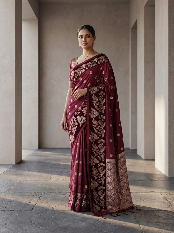Wine Silk Buta Motifs Design Weaved Saree