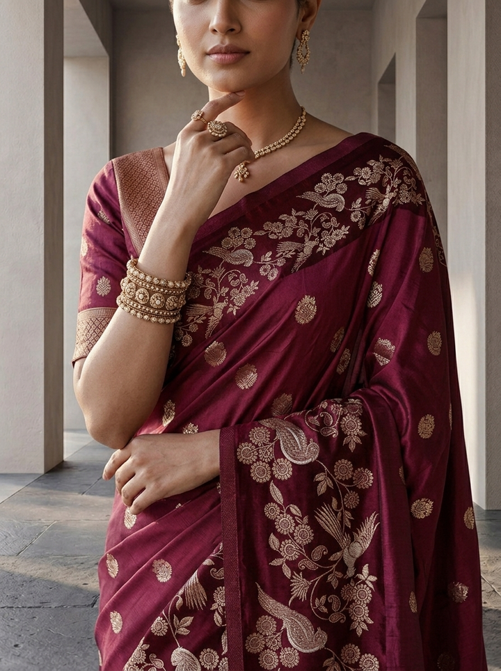 Wine Silk Buta Motifs Design Weaved Saree