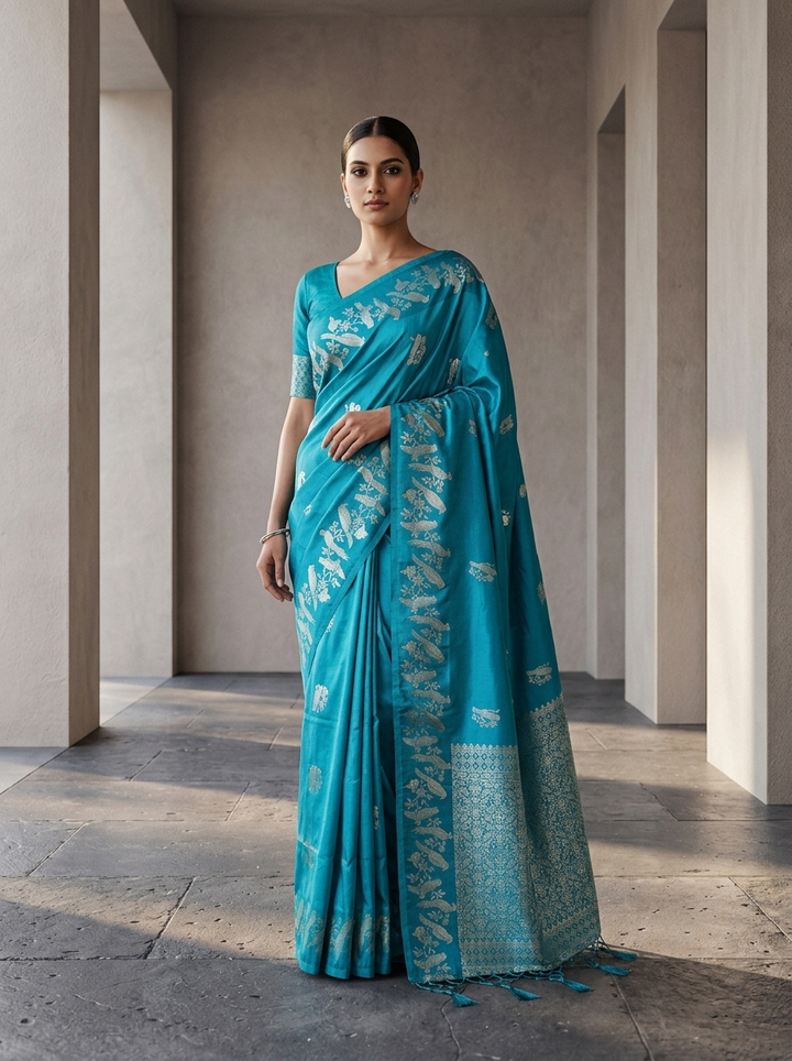 Sea Green Silk Kili Design Weaved Saree
