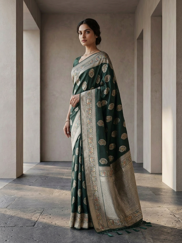 Bottle Green Silk Saree With Paisley Design And Zari Weaving