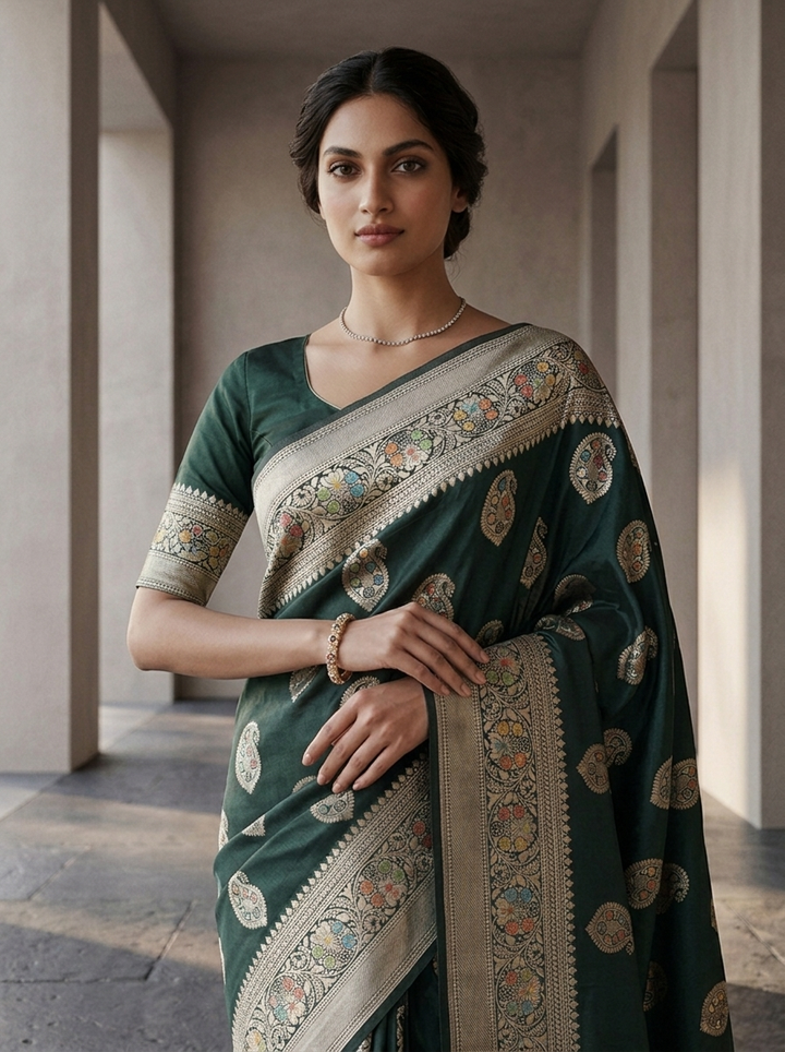 Bottle Green Silk Saree With Paisley Design And Zari Weaving