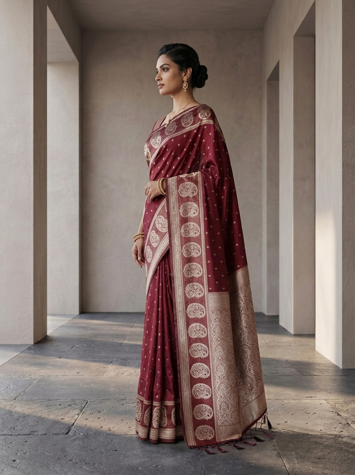 Maroon Silk Saree With Gold Zari Woven Border and Buti Design
