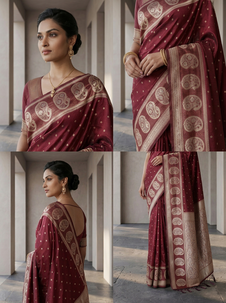 Maroon Silk Saree With Gold Zari Woven Border and Buti Design