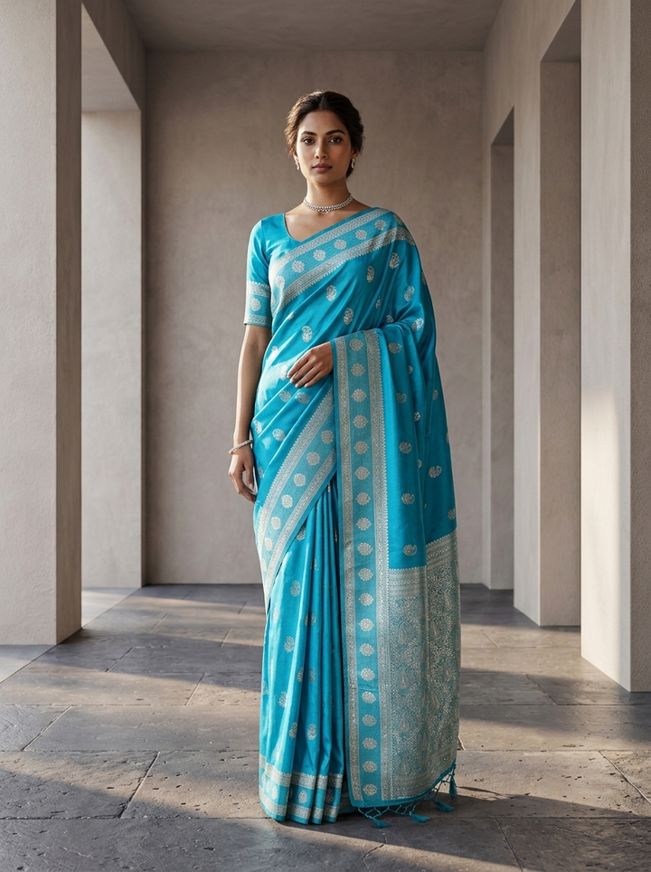 Sky Blue Silk Saree With Silver Zari Woven Border and Buti Design