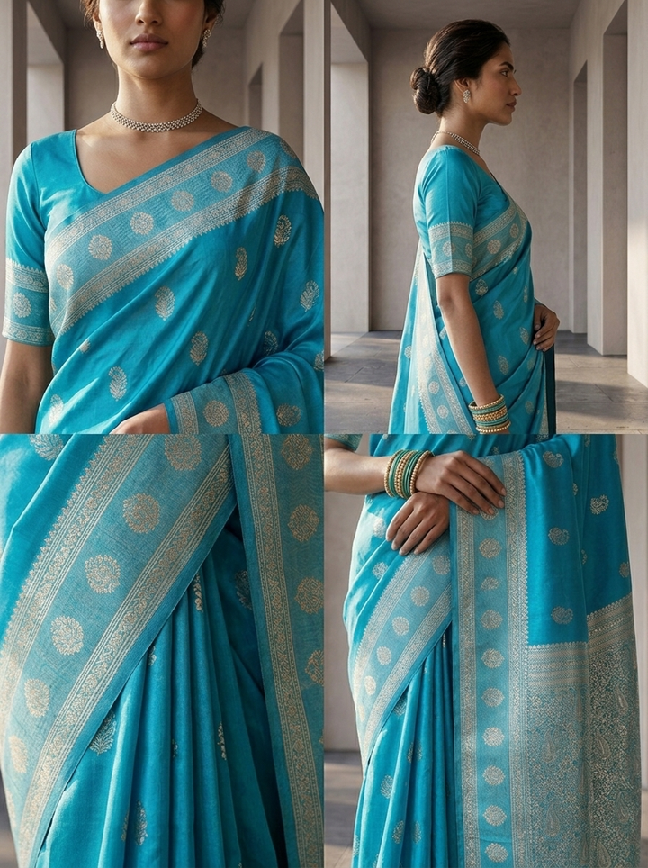 Sky Blue Silk Saree With Silver Zari Woven Border and Buti Design