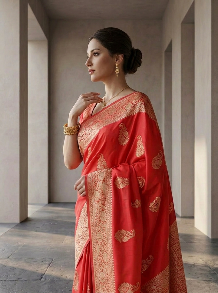 Coral Red Silk Saree with Floral Gold Zari Weaving