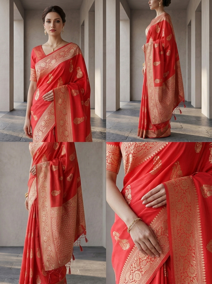 Coral Red Silk Saree with Floral Gold Zari Weaving