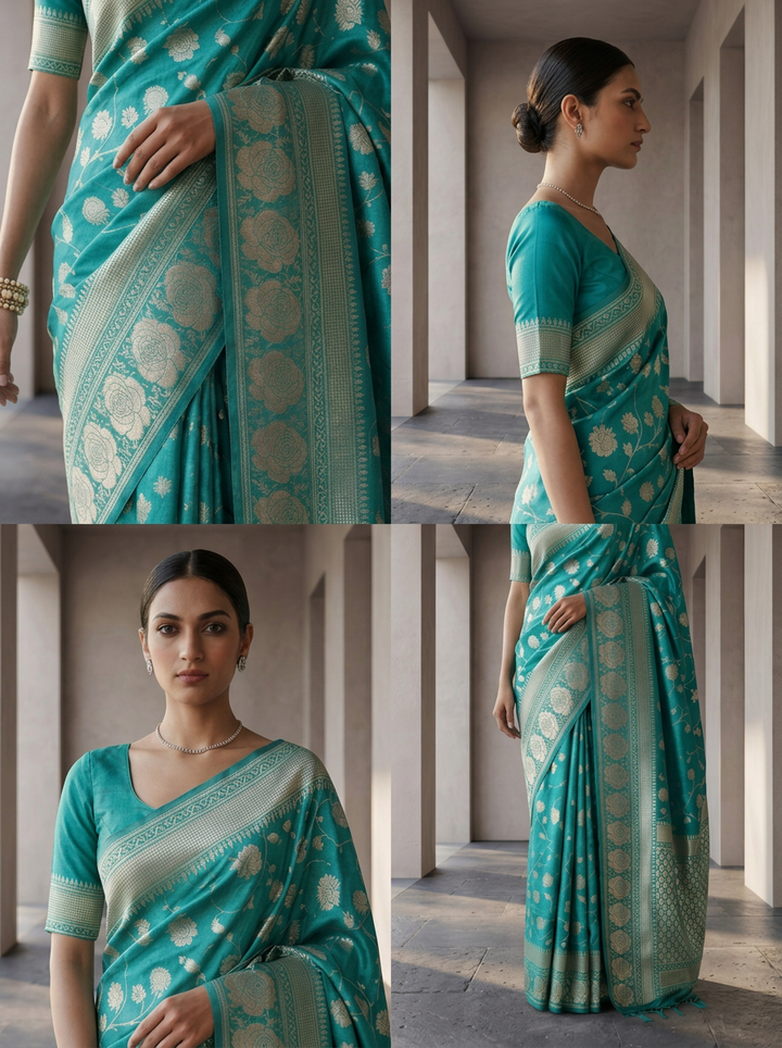 Sea Green Floral Design Weaved Silk Saree