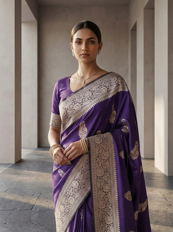 Purple Silk Saree with Floral Gold Zari Weaving