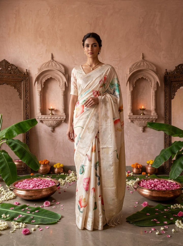 Cream Printed Silk Saree With Ethnic Motifs Design