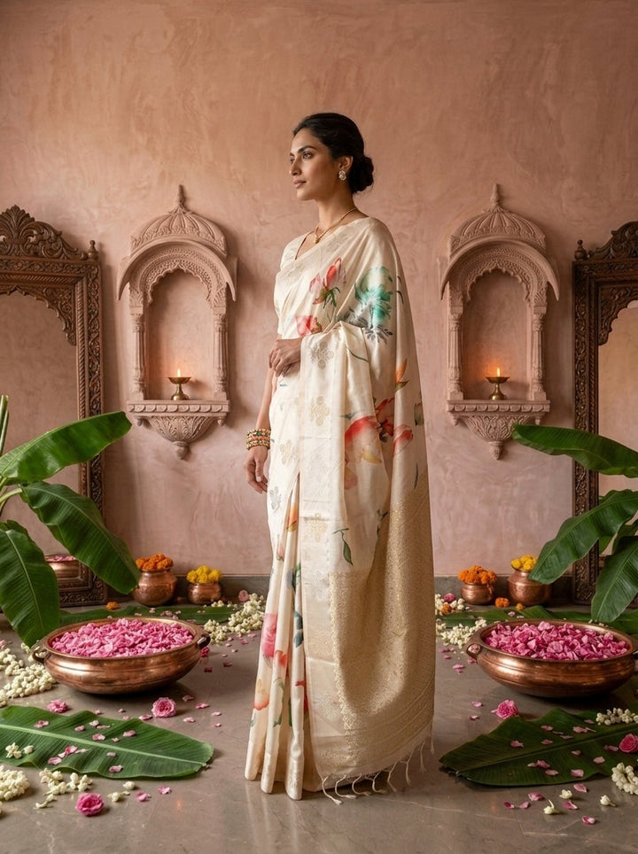 Cream Printed Silk Saree With Ethnic Motifs Design