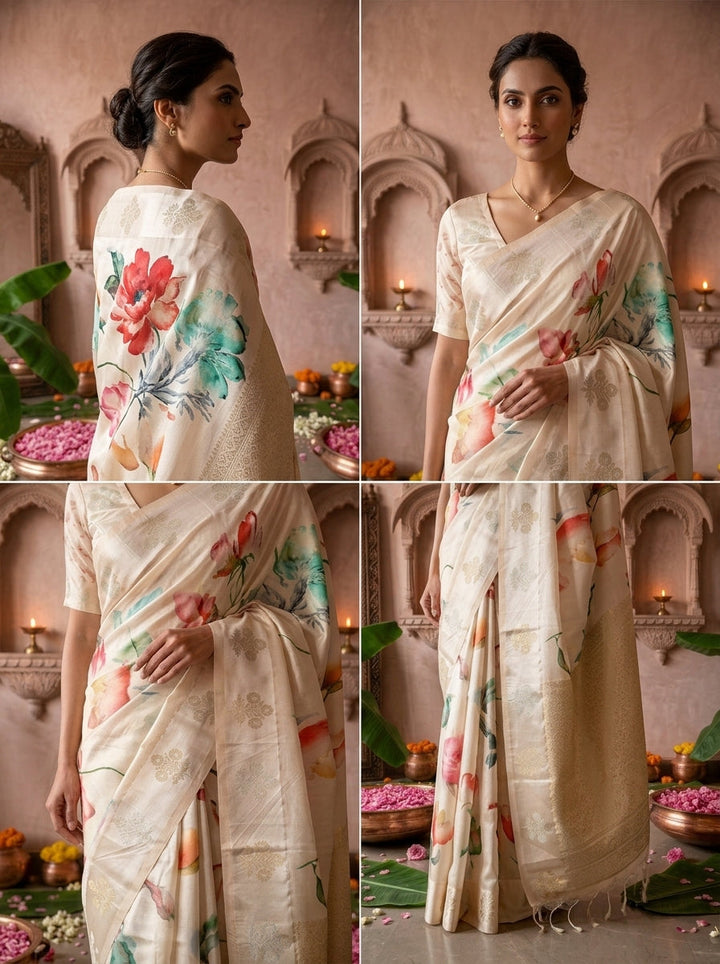 Cream Printed Silk Saree With Ethnic Motifs Design